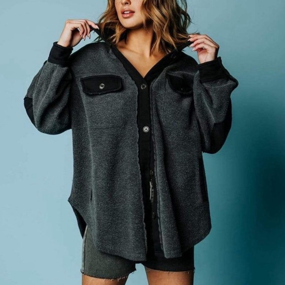 FREE PEOPLE fleece Oversize Rugby Button Fleece distressed Elbow Patches Pockets